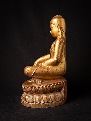 Vergoldete Buddha-Statue aus Holz aus Burma, sitzend auf Lotus-Sockel, linke Seitenansicht