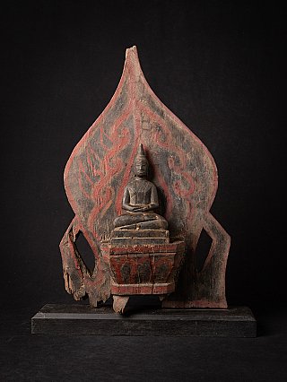 Burmese wooden Buddha statue seated in dhyana mudra on panel, full front view with red painted decoration