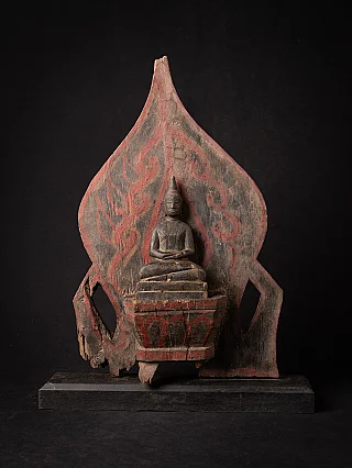 Burmese wooden Buddha statue seated in dhyana mudra on panel, full front view with red painted decoration
