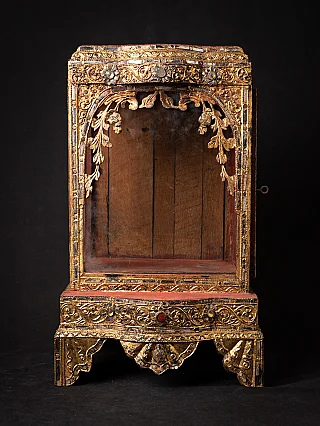 Burmese wooden Buddha shrine in Mandalay style, full front view with open niche and gilded frame