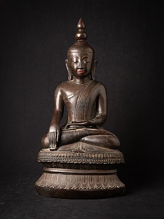 Burmese Shan Buddha statue in bronze, seated in bhumisparsha mudra, full-front view