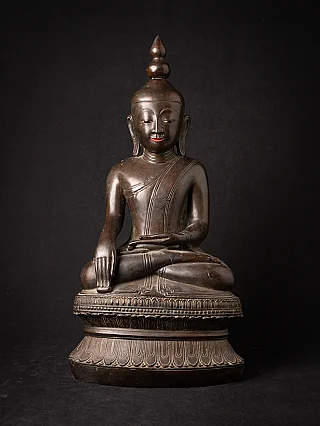 Burmese Shan Buddha statue in bronze, seated in bhumisparsha mudra, full-front view