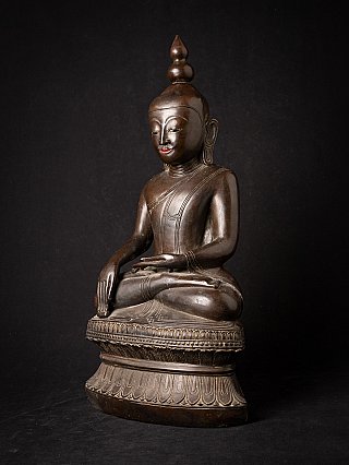 Bronze Burmese Shan Buddha statue, seated, three-quarter left view