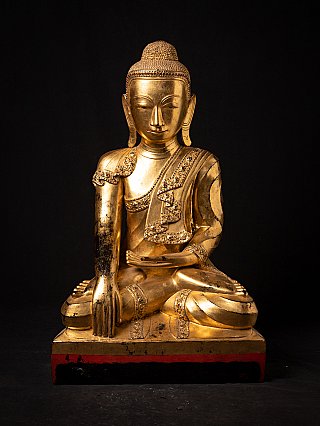 Burmese Shan Buddha statue in lacquerware, seated in bhumisparsha mudra, full front view
