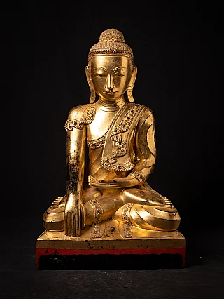 Burmese Shan Buddha statue in lacquerware, seated in bhumisparsha mudra, full front view