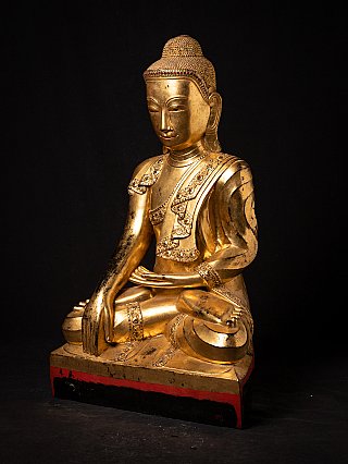 Shan Burmese Buddha statue in lacquerware, seated, three-quarter left view