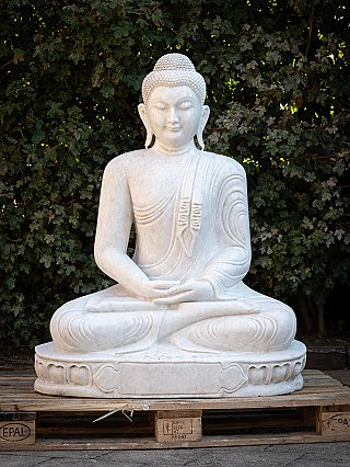 Burmese marble Buddha statue seated on lotus base, hands in dhyana mudra, front view