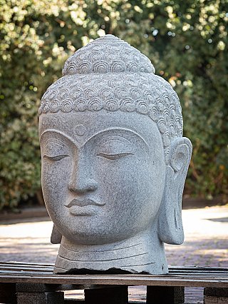 Buddha head from Indonesia in stone, three-quarter left view with closed eyes