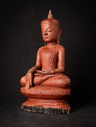 Wooden Shan Burmese Buddha statue, three-quarter view showing hands and base