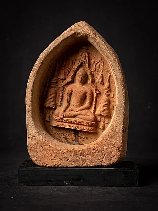 Bagan votive tablet from Burma (Myanmar) with seated Buddha in niche, full front view