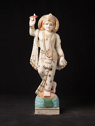 Vishnu statue in marble from India, full front view with raised arm and painted base