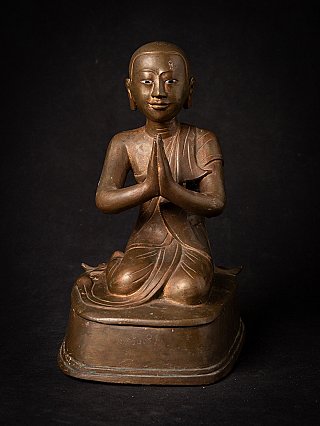 Burmese bronze monk statue seated with Namaskara mudra, full front view