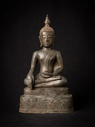 Thai bronze Buddha statue seated in bhumisparsha mudra, full-front view
