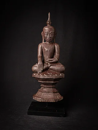 Wooden Burmese Buddha statue seated in bhumisparsha mudra, full front view