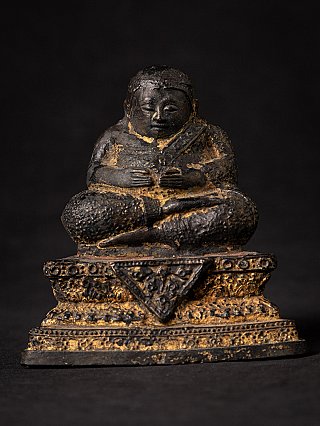 Thai bronze Budai statue seated on an ornate base, full-front view with worn gilding
