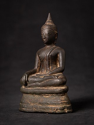 Bronze Buddha statue from Thailand, three-quarter view showing the bhumisparsha gesture