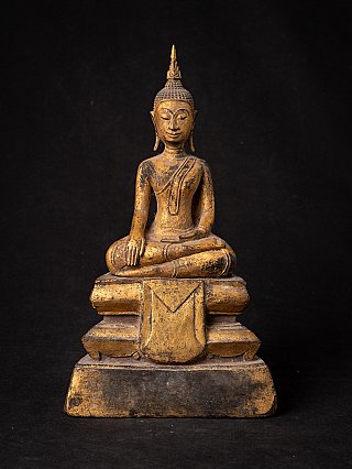 Thai Lanna Buddha statue in wood, 19th century, full front view on tiered base