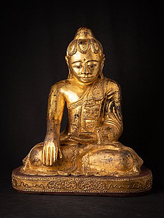 Burmese wooden Buddha statue, seated in bhumisparsha mudra, full front view