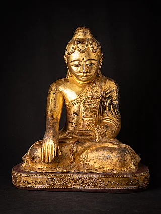 Burmese wooden Buddha statue, seated in bhumisparsha mudra, full front view