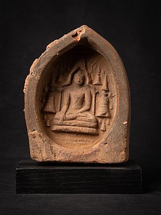 Wooden Burmese votive tablet with seated Buddha in arched niche, full front view