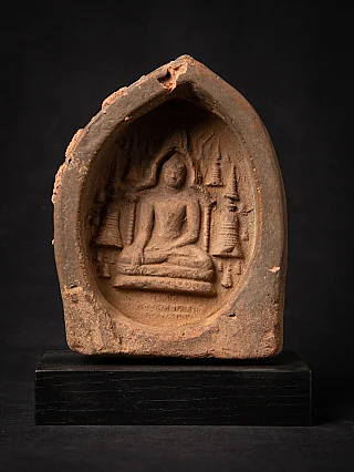 Wooden Burmese votive tablet with seated Buddha in arched niche, full front view