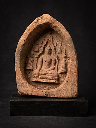 Burmese Bagan period votive tablet with seated Buddha in niche, full front view