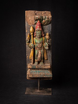 Wooden Kartikeya statue from India carved in high relief on a panel, full front