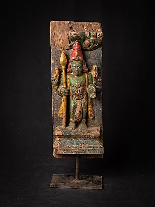Wooden Kartikeya statue from India carved in high relief on a panel, full front