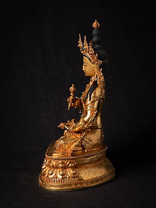 Nepali bronze Vajrasattva statue, seated side profile with crown and ritual object in the hand