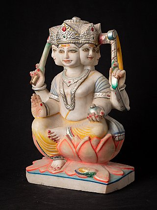 Kartik marble statue from India on lotus base, three-quarter view