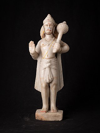 Marble Hanuman statue from India, standing on base with raised hand and mace