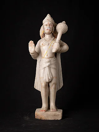 Marble Hanuman statue from India, standing on base with raised hand and mace