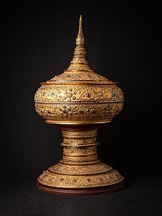 Gilded Burmese lacquerware offering vessel with tall conical lid, full view