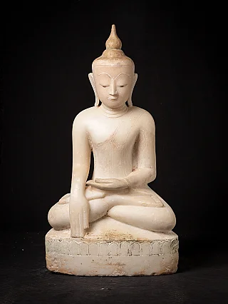 Burmese marble Buddha statue seated in bhumisparsha mudra, full front view