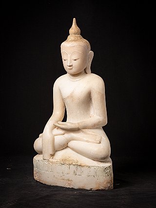 Marmor-Buddha-Statue aus Myanmar, sitzend, Dreiviertelansicht von rechts