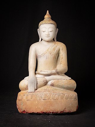 Burmesische Marmor-Buddha-Statue im Shan-Stil, sitzend in Bhumisparsha-Mudra, Frontalansicht
