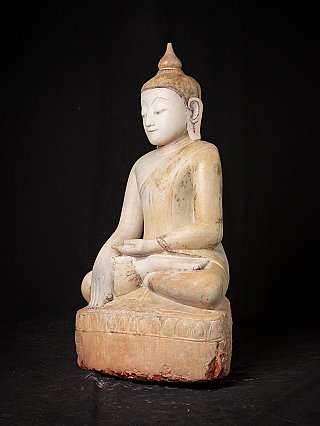 Marmor-Buddha-Statue aus Myanmar, Dreiviertelansicht links mit Erdberührungs-Mudra
