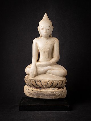 Burmese marble Buddha statue seated in bhumisparsha mudra on lotus base, full front view