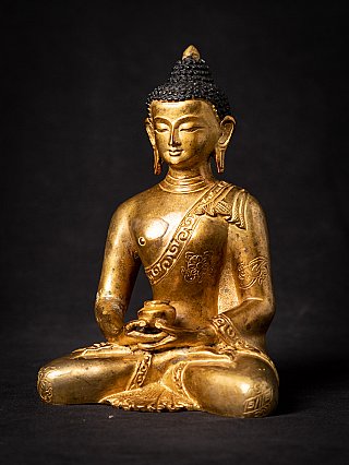 Bronzen Boeddhabeeld uit Nepal in dhyana mudra, driekwartaanzicht rechts