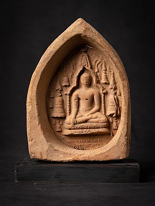 Bagan votive tablet from Burma (Myanmar) with seated Buddha in bhumisparsha mudra, front view