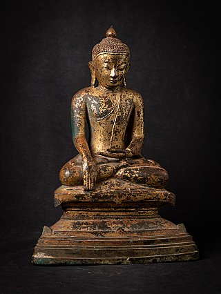 Buddha statue from Burma (Myanmar) in bronze, seated in bhumisparsha mudra, full view