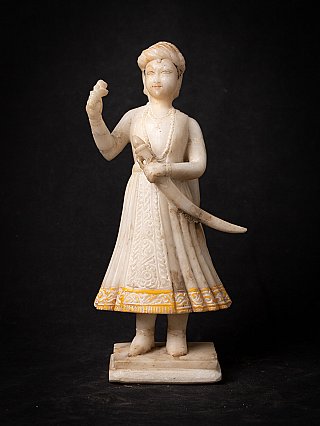 Marble statue of the Maharaja of Jaipur standing with curved sword and raised hand