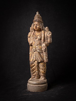 Vishnu statue from India in three-quarter view, showing crown and base