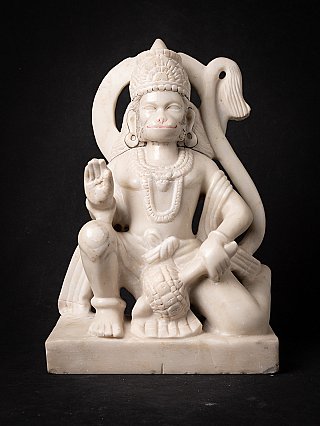 Marble Hanuman statue from India, seated with raised hand in abhaya mudra, full front view