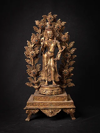 Nepali bronze Lokeshwor statue on ornate stepped base with floral aureole, full front