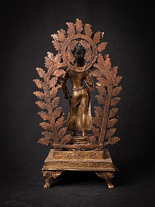 Nepali bronze Lokeshwor statue, rear view showing circular halo and leaf aureole