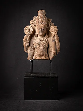 Vishnu bust from India in stone, full front view on black stand