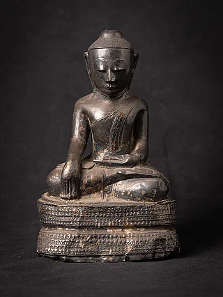 Burmese Ava period Buddha statue in bhumisparsha mudra, seated on patterned base, front view