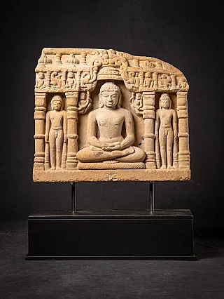 Antique Indian stone Jain fragment with seated figure in dhyana mudra, full front view
