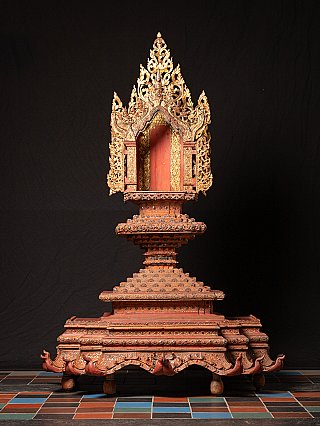 Large wooden Burmese Buddha throne, Shan style, full front view